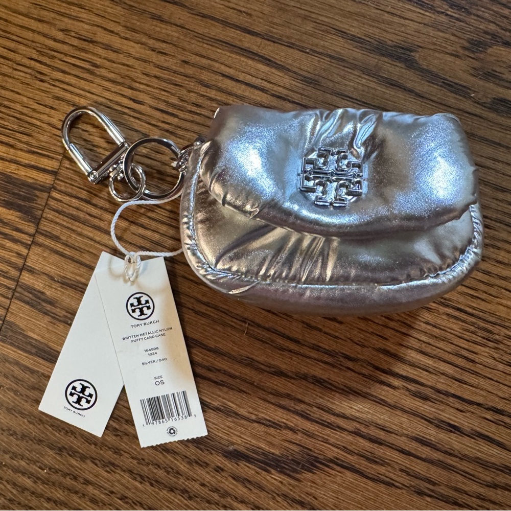 Tory Burch BRITTEN metallic silver nylon puffy card case - NWT